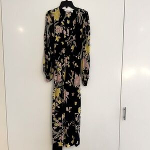 DVF Diane Von Furstenberg 100% Silk Jump Suit- Black with Floral Print, Size XXS